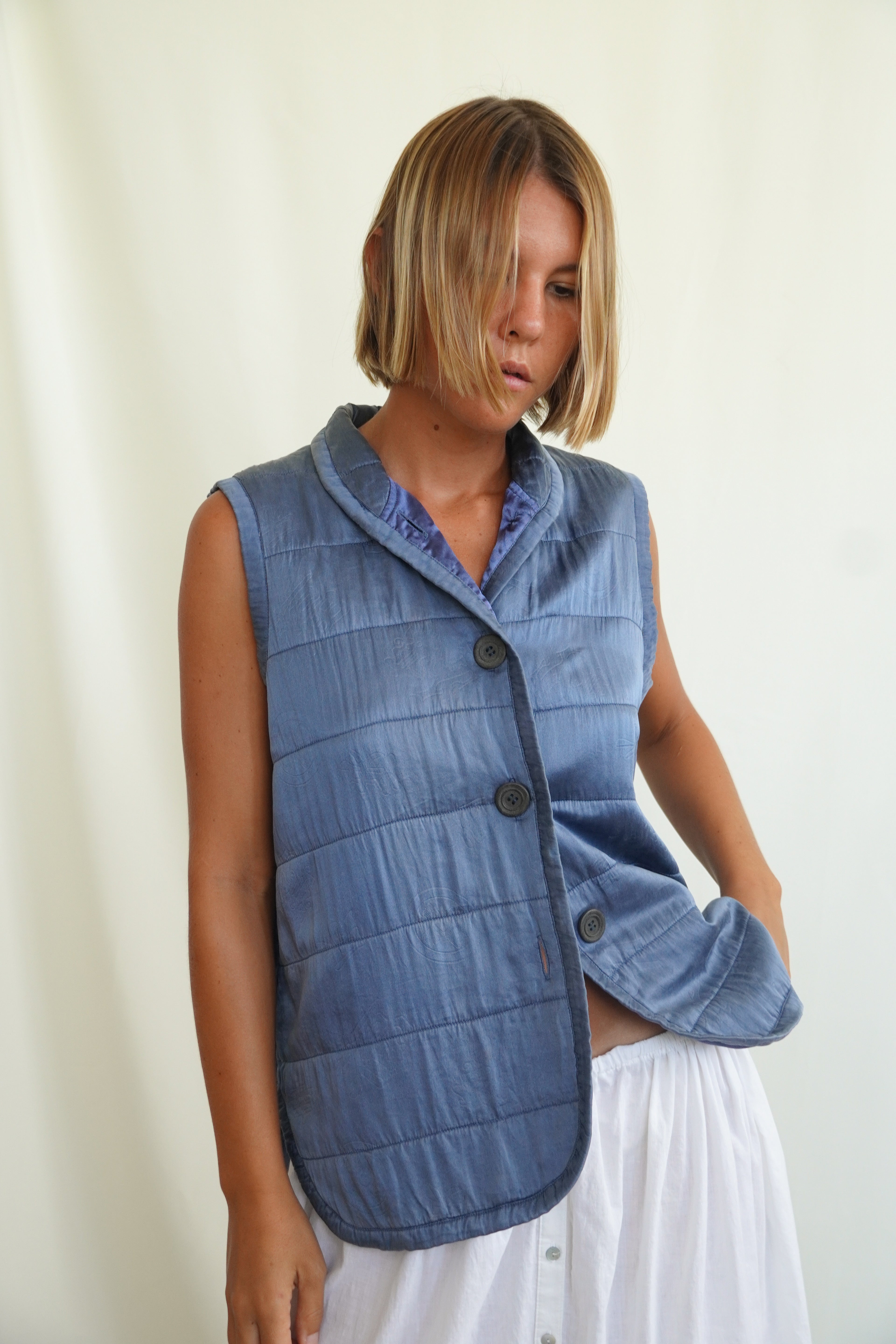 Stone indigo silk vest