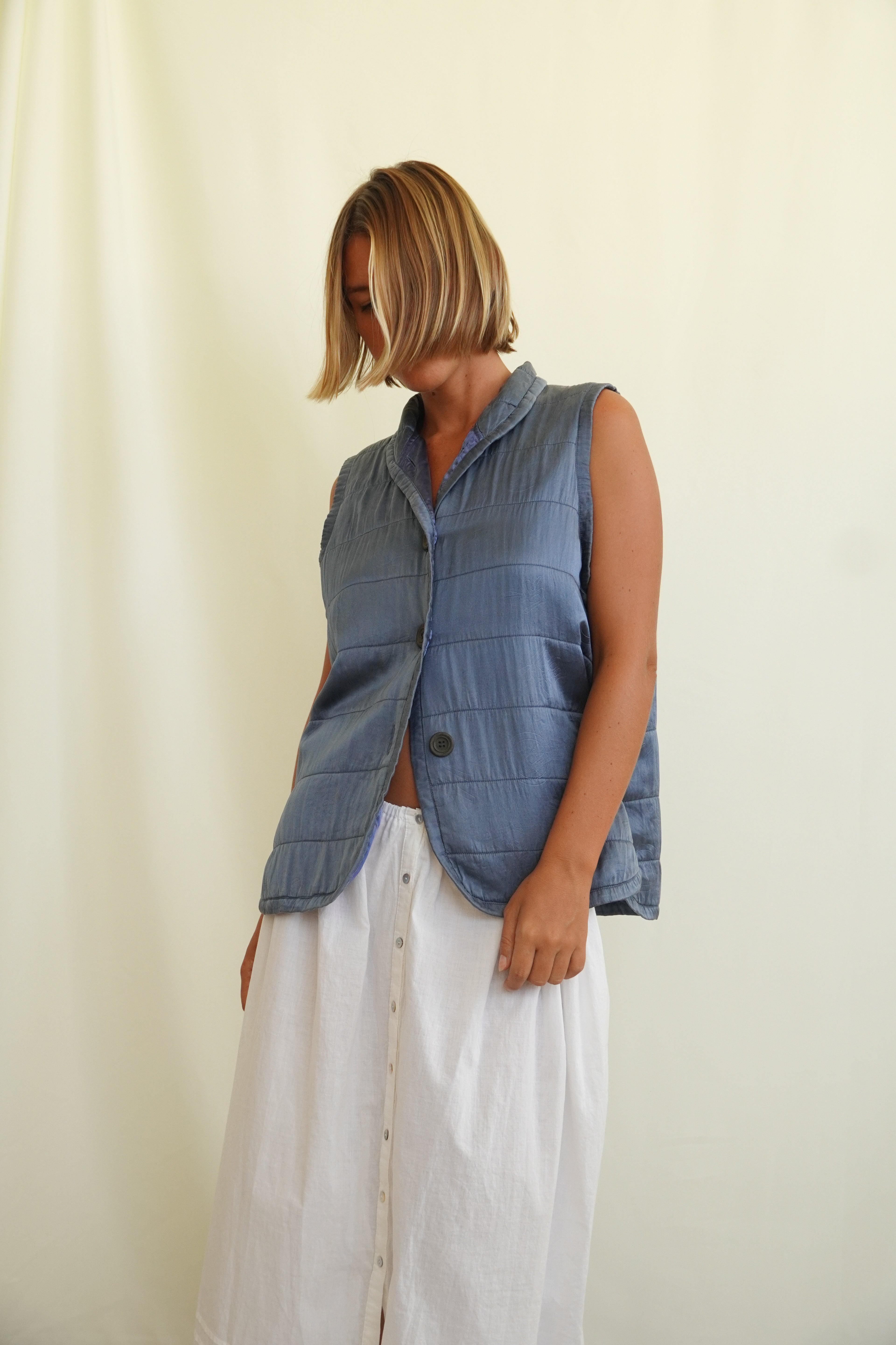 Stone indigo silk vest